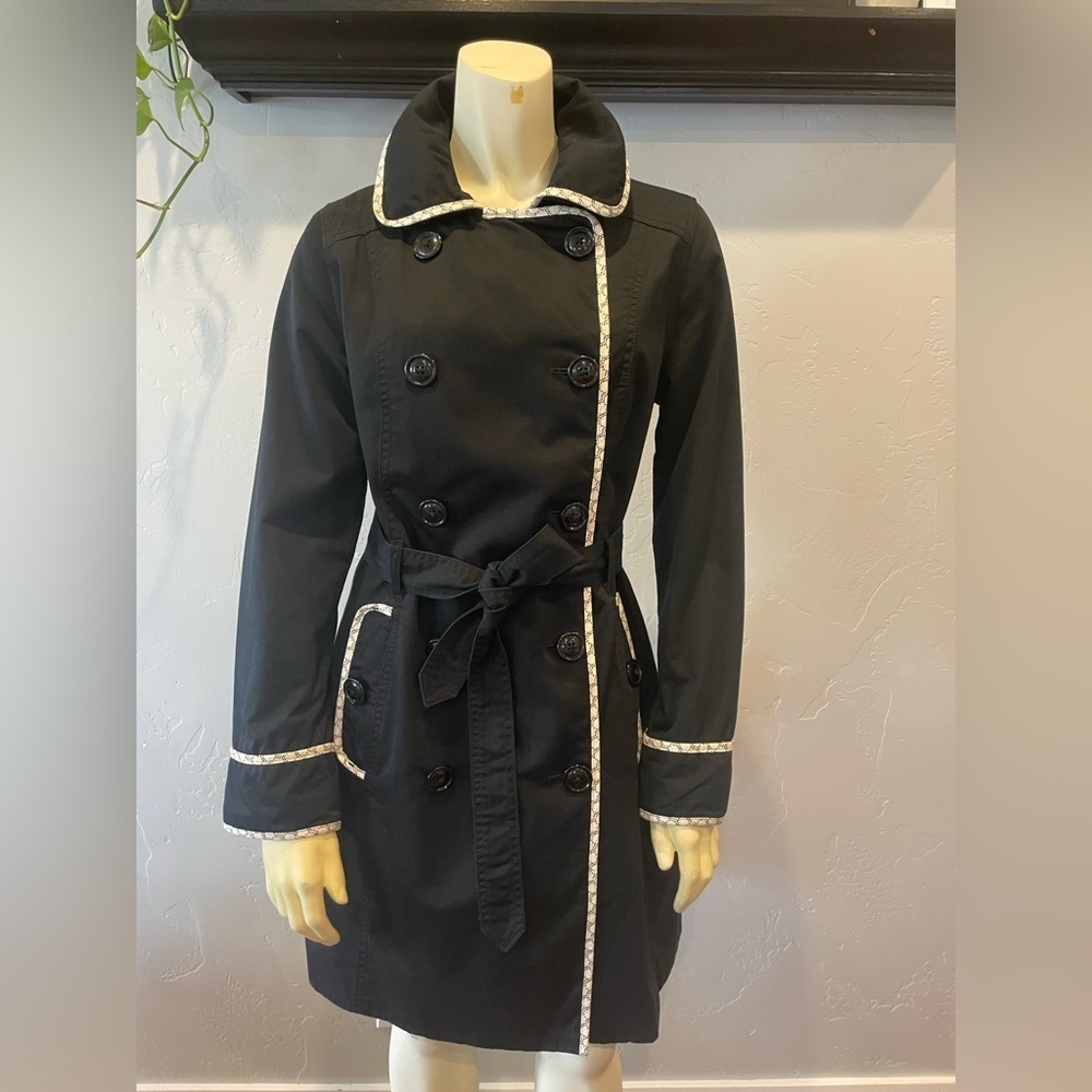 Women's 100% cotton Black Trench Coat with White Trim size small
